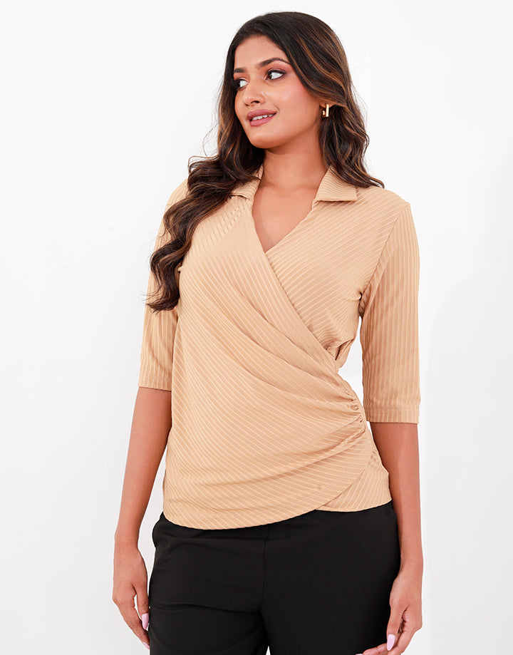 ¾ Sleeves Top with Overlapped Neck