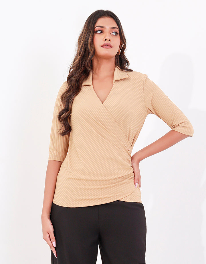 ¾ Sleeves Top with Overlapped Neck