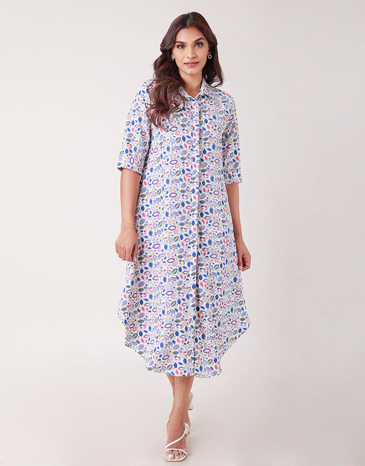 Curved Hem Printed Shirt Dress