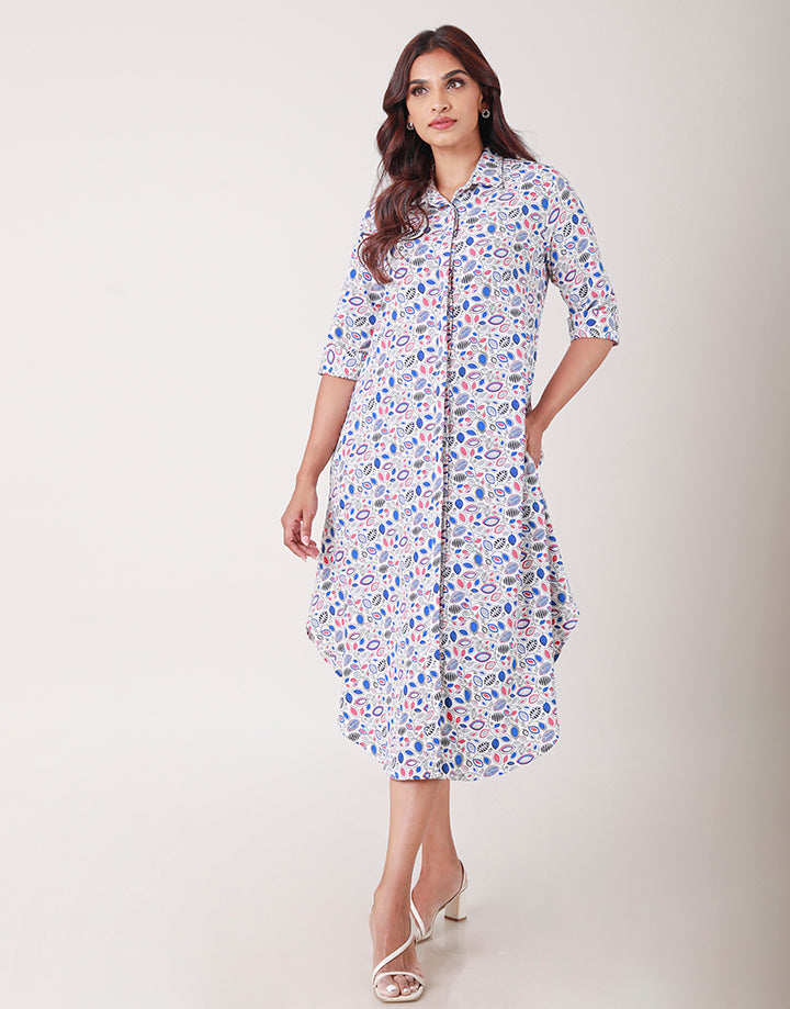 Curved Hem Printed Shirt Dress