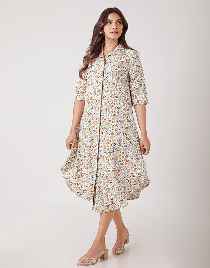 Curved Hem Printed Shirt Dress