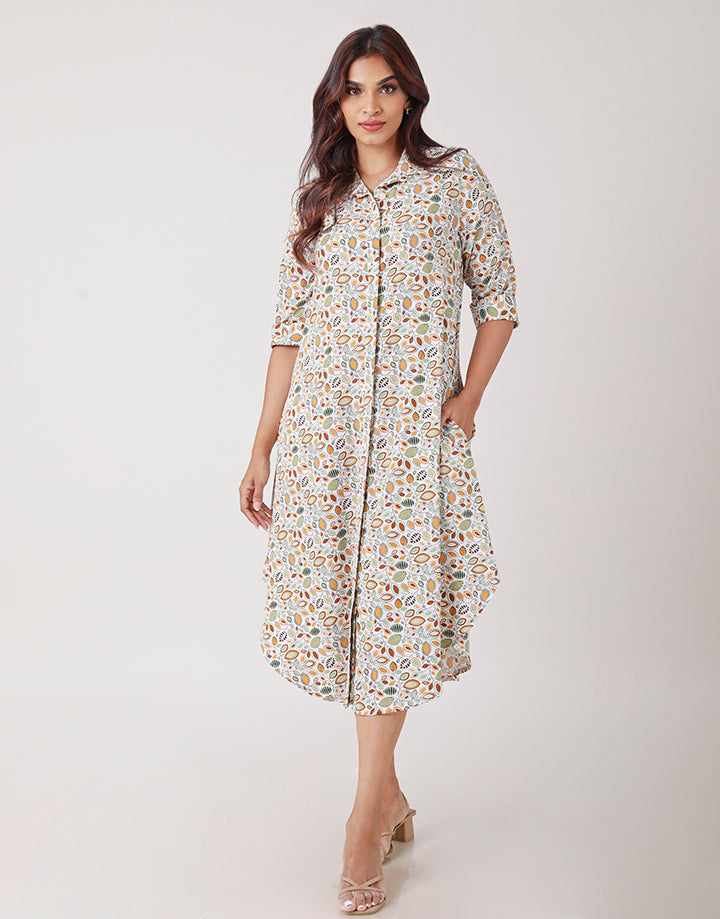 Curved Hem Printed Shirt Dress