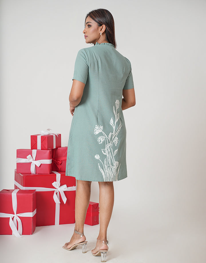 Frill Neck A-Line Dress with Hand Print