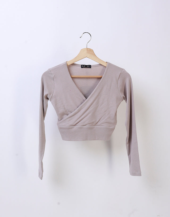 Long Sleeves Crop Top with Crossover Neck