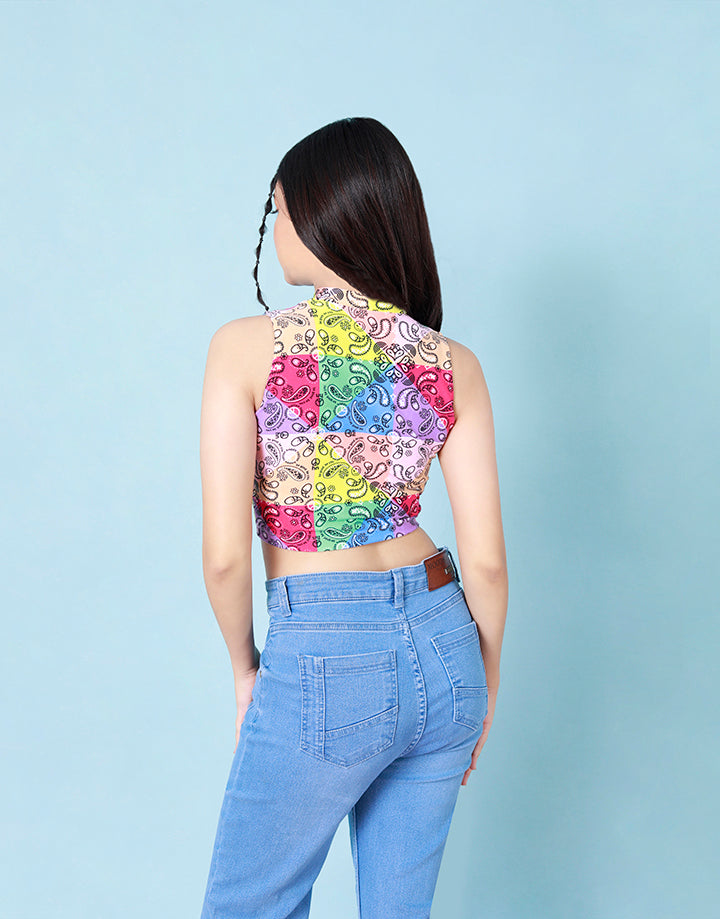 Printed High Neck Crop Top