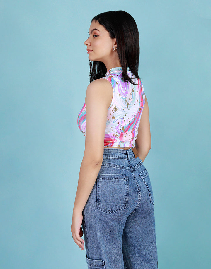 Printed High Neck Crop Top