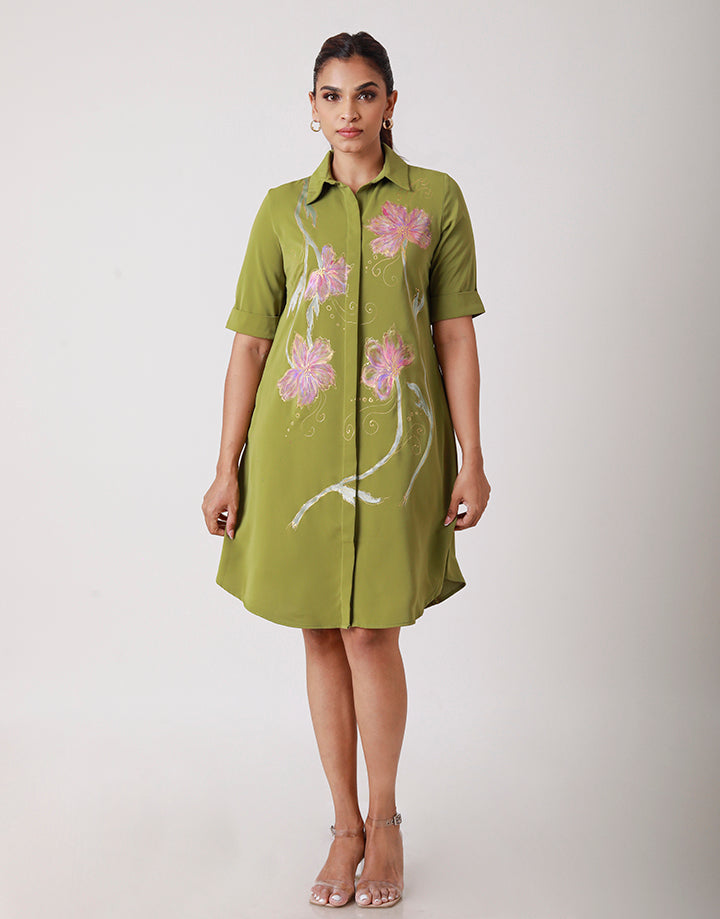 Shirt Dress with Hand Printed