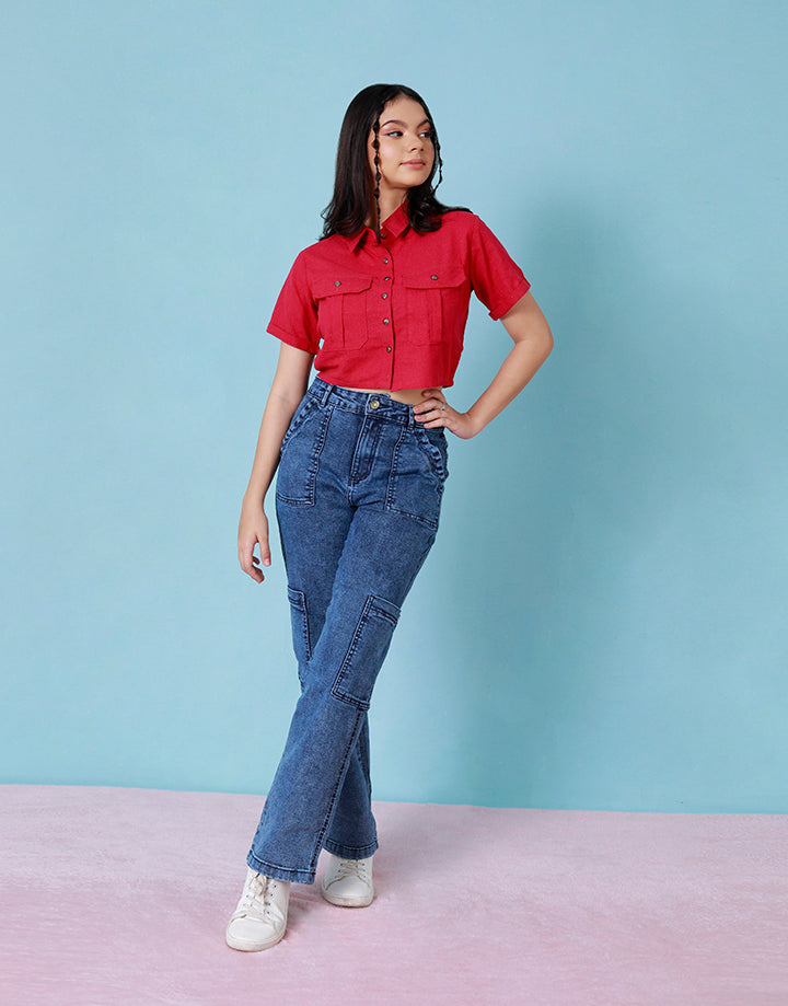 Short Sleeves Crop Shirt with Pockets