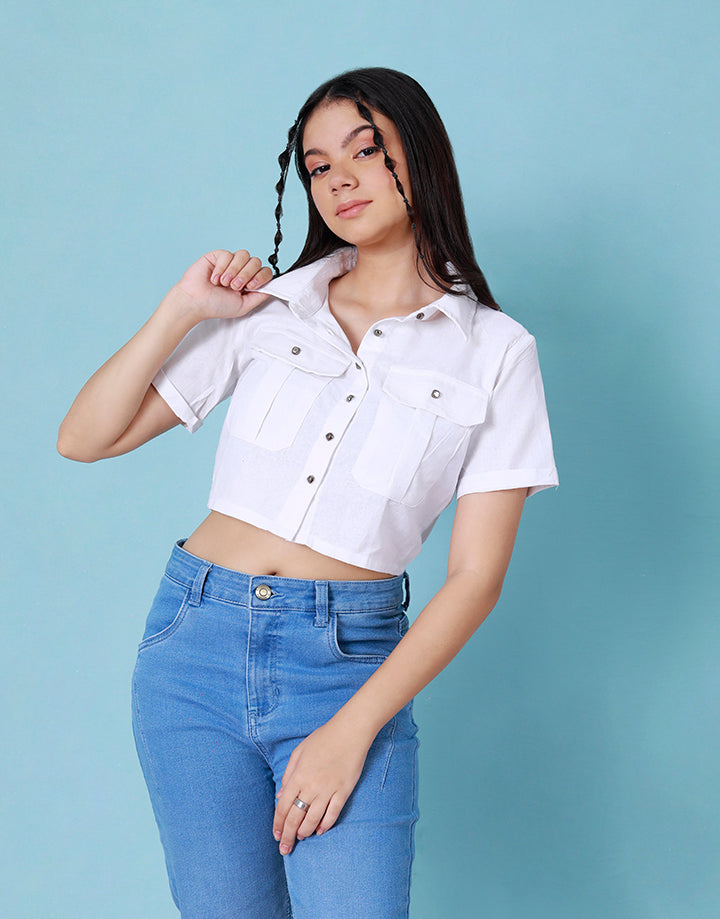 Short Sleeves Crop Shirt with Pockets