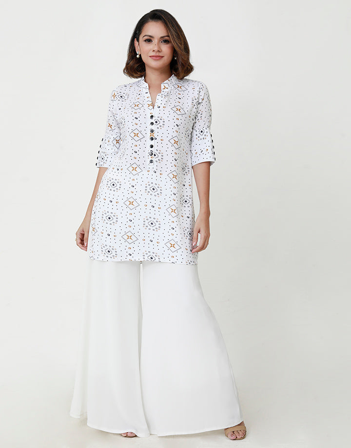Chinese Collared Printed Kurtha with Buttons