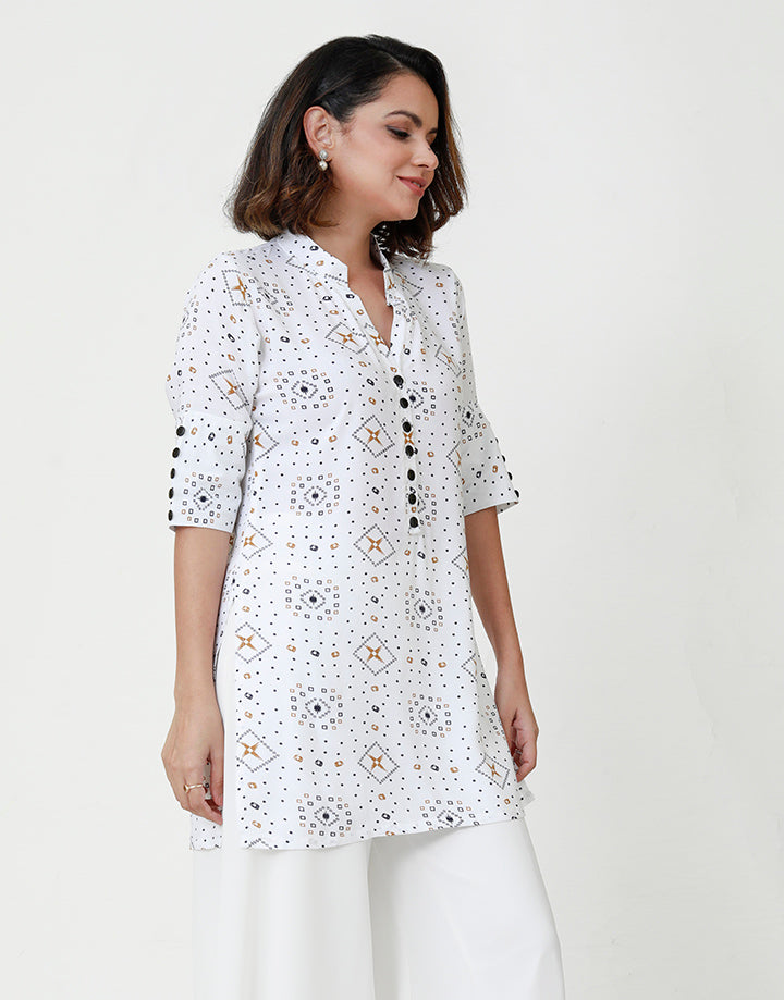 Chinese Collared Printed Kurtha with Buttons
