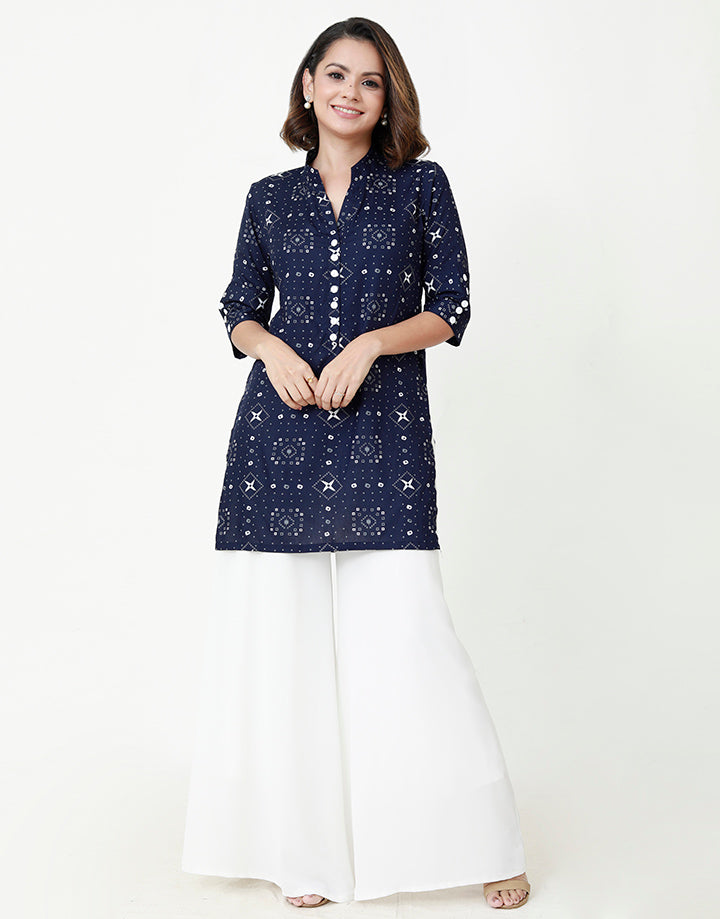 Chinese Collared Printed Kurtha with Buttons