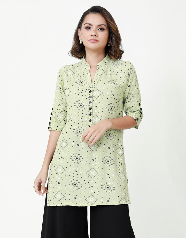 Chinese Collared Printed Kurtha with Buttons