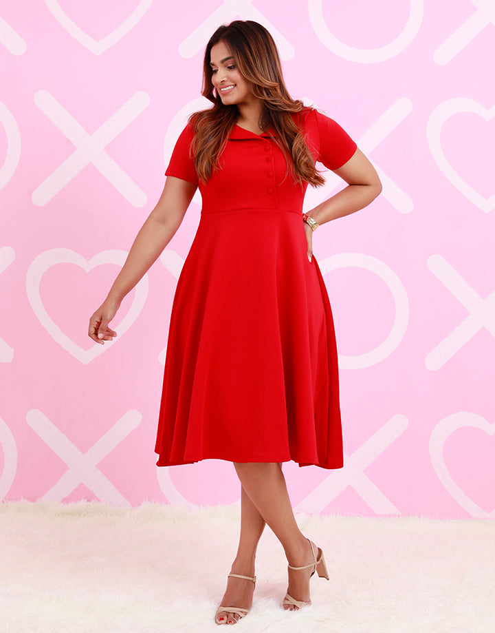 Collared Midi Dress With Covered Buttons