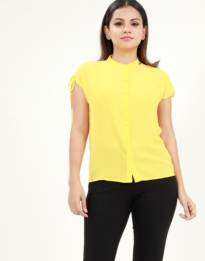 Drawstring Sleeves Blouse in High Neck
