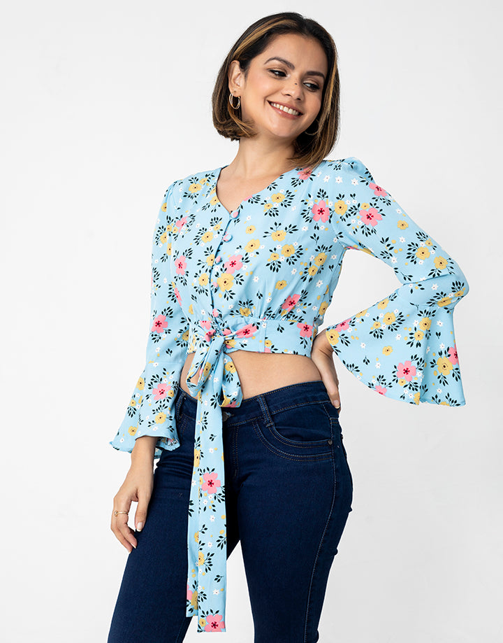 Floral Crop Top with Fit and Flared Sleeves