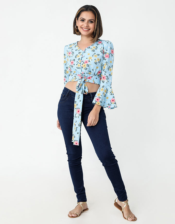 Floral Crop Top with Fit and Flared Sleeves