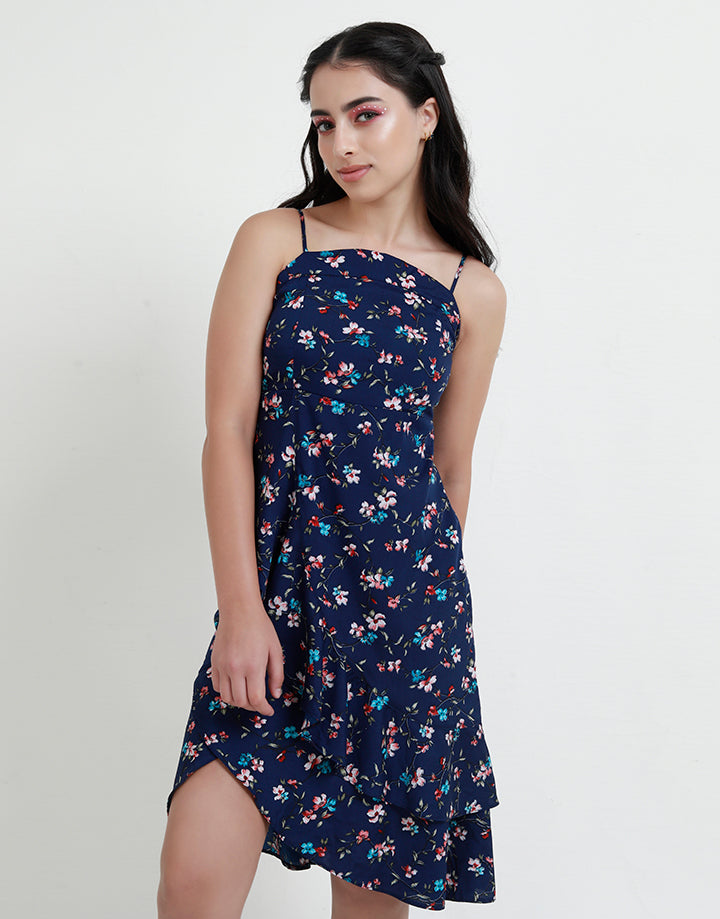 Floral Strappy Dress with High Low Ruffled Hem
