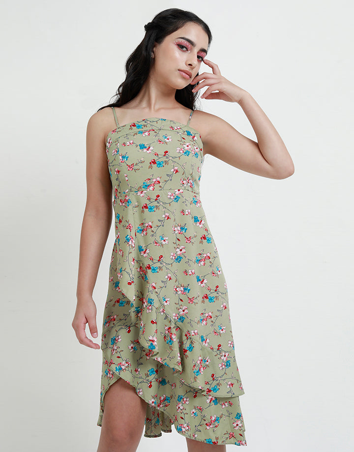 Floral Strappy Dress with High Low Ruffled Hem