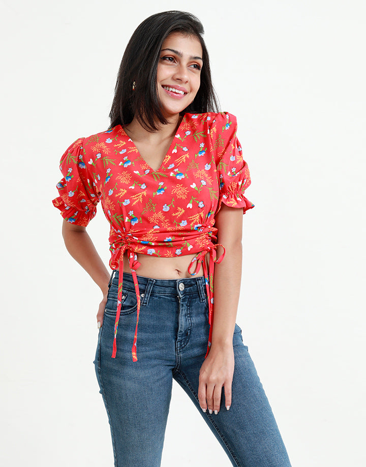 Front Ruched Crop Top with Puff Sleeves