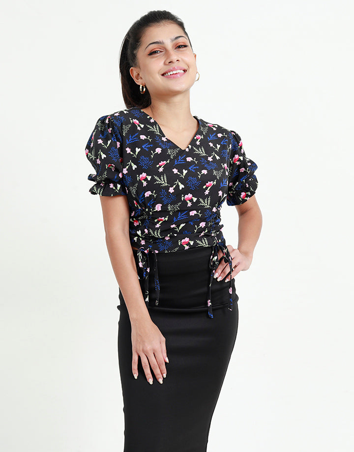 Front Ruched Crop Top with Puff Sleeves