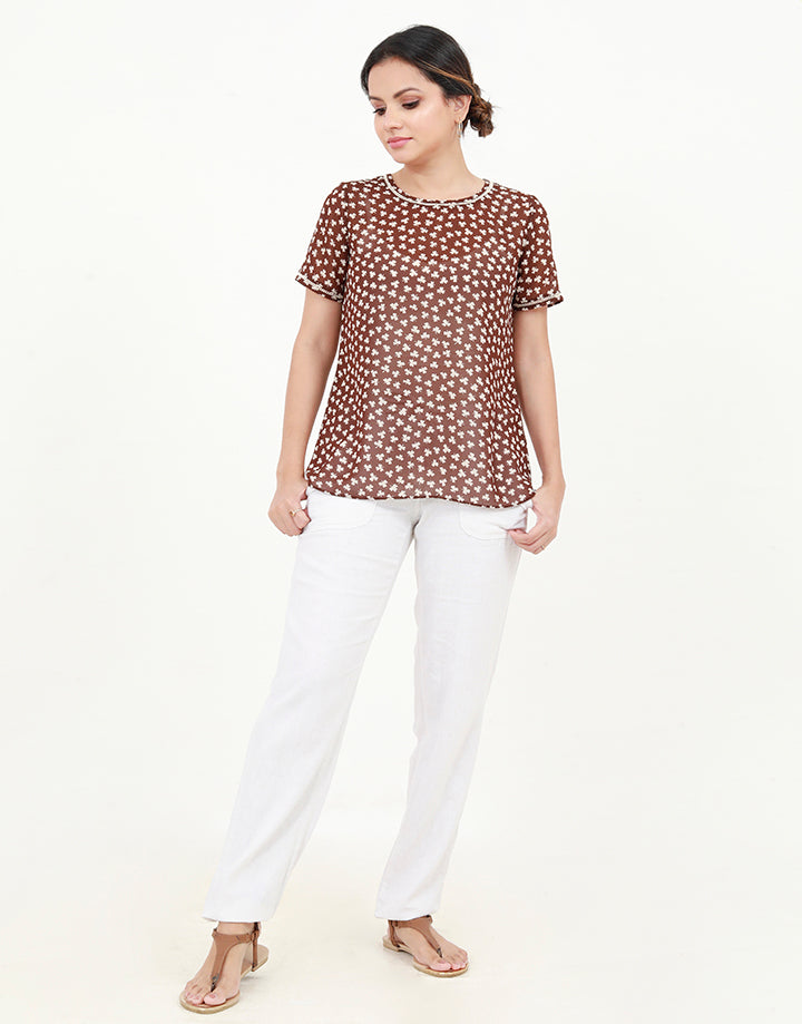 Printed Blouse With Ladder Lace Detailed Sleeves