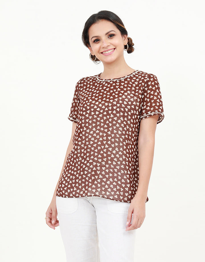 Printed Blouse With Ladder Lace Detailed Sleeves
