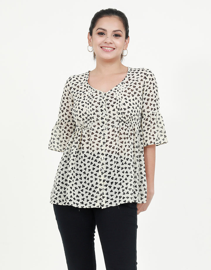 Printed Blouse with Flounce Sleeves