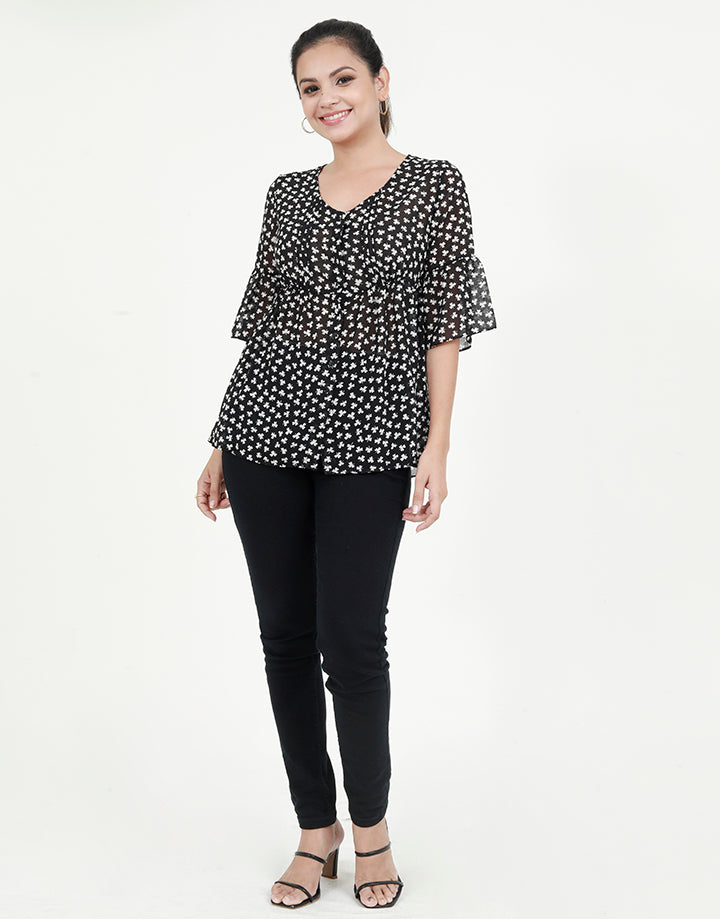 Printed Blouse with Flounce Sleeves