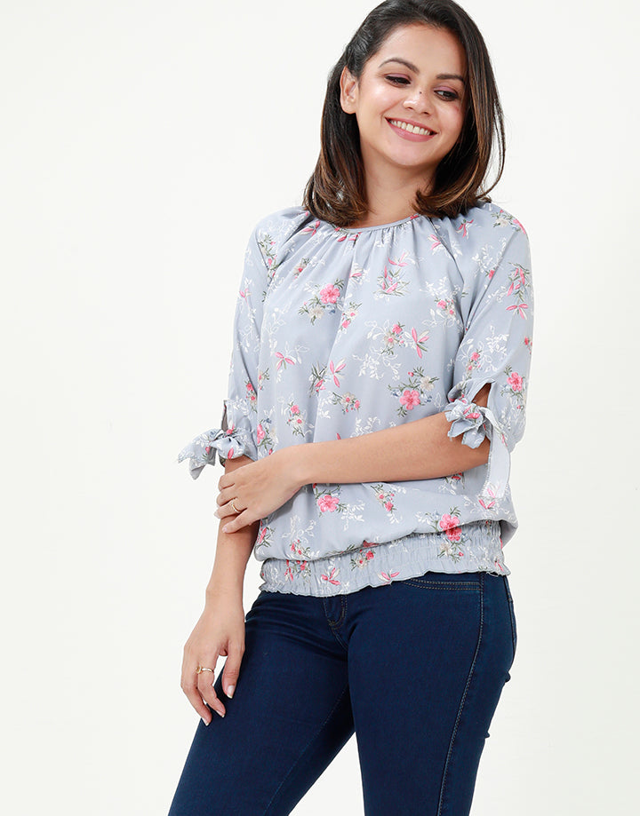 Printed Blouse with Tie-up Sleeves