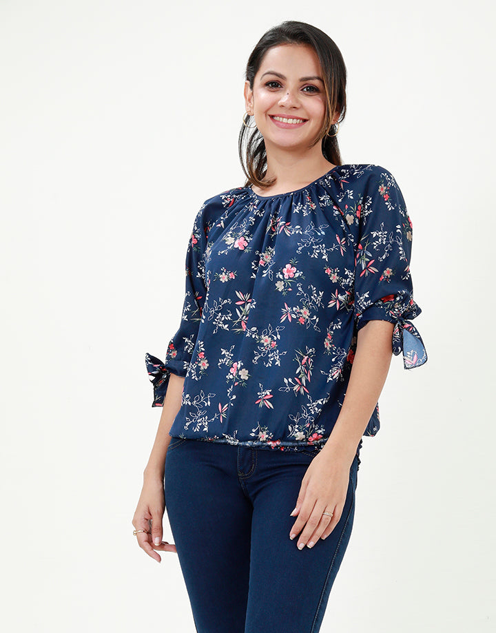 Printed Blouse with Tie-up Sleeves