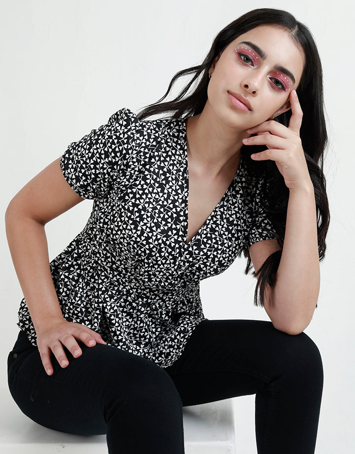 Printed Crossover Top with Pintucks