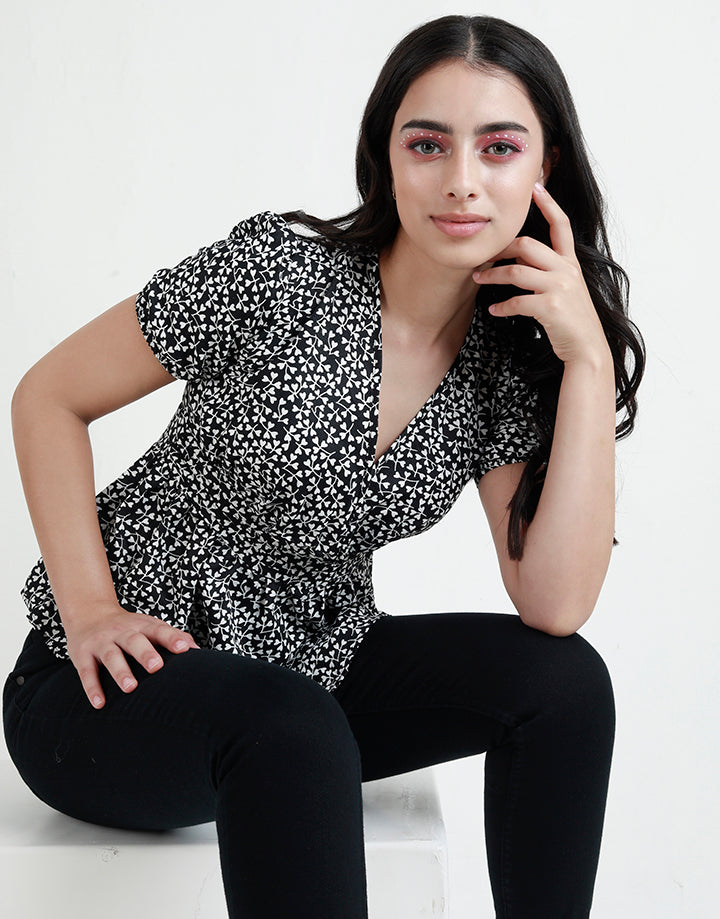 Printed Crossover Top with Pintucks