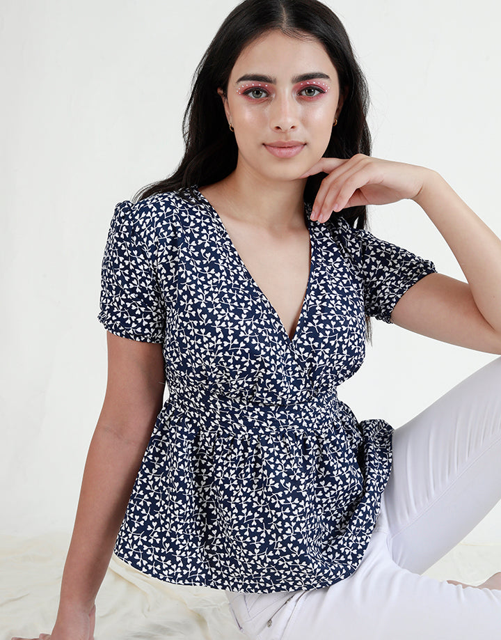 Printed Crossover Top with Pintucks