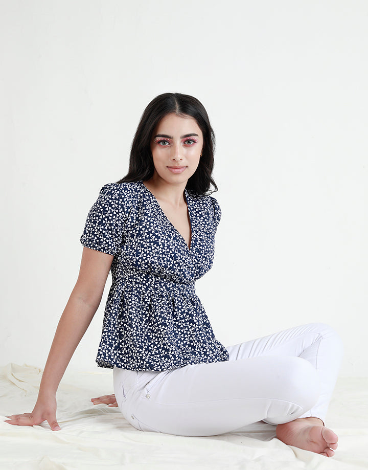Printed Crossover Top with Pintucks