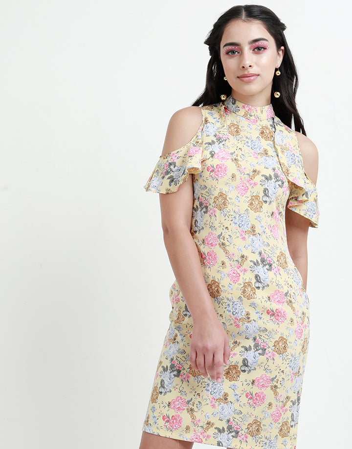 Printed High Neck Dress with Cold Shoulders
