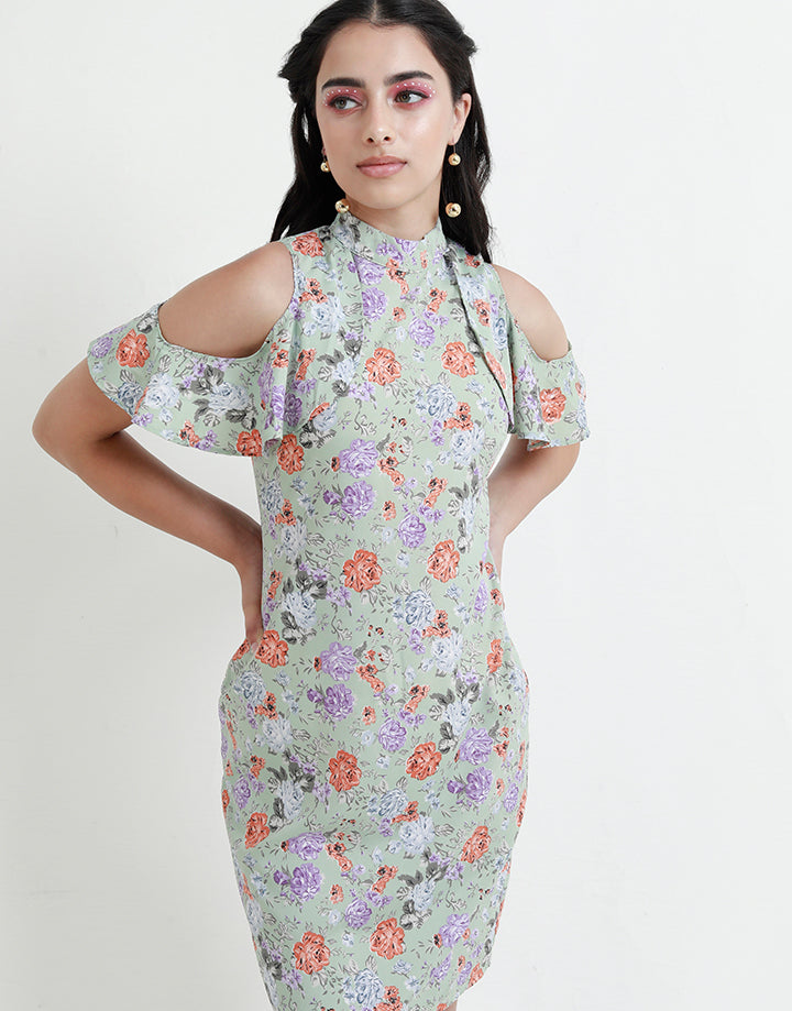 Printed High Neck Dress with Cold Shoulders