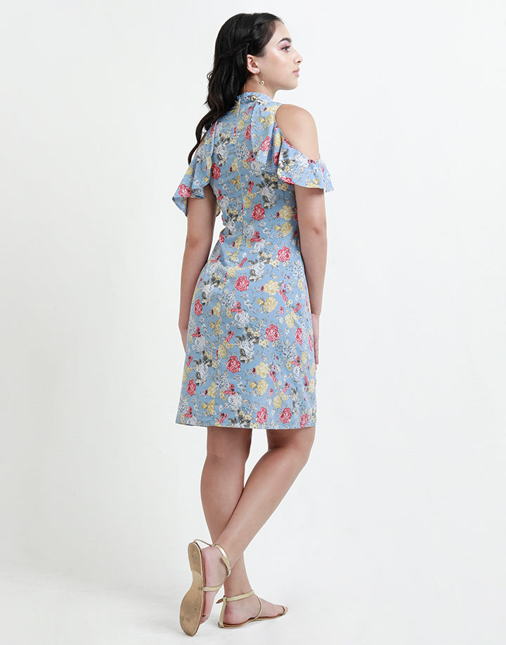 Printed High Neck Dress with Cold Shoulders