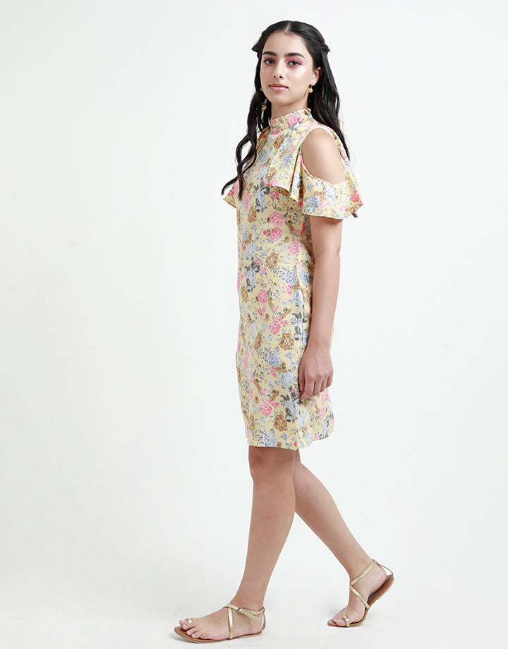 Printed High Neck Dress with Cold Shoulders