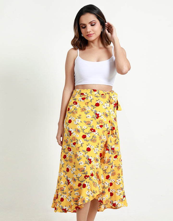 Printed Wraparound Skirt with Ruffled Hem