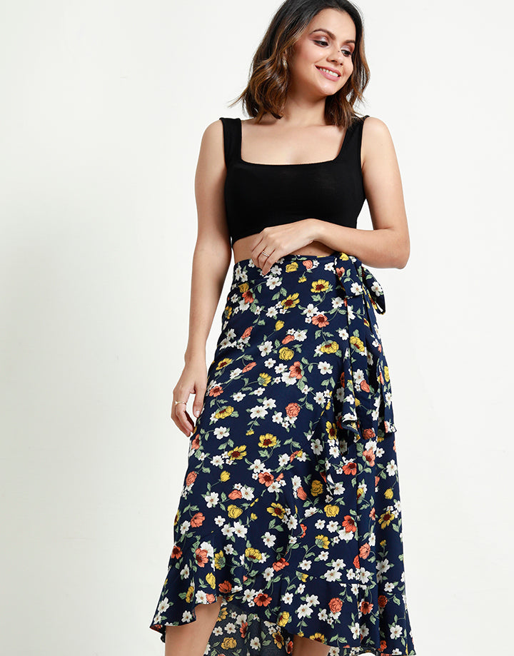 Printed Wraparound Skirt with Ruffled Hem
