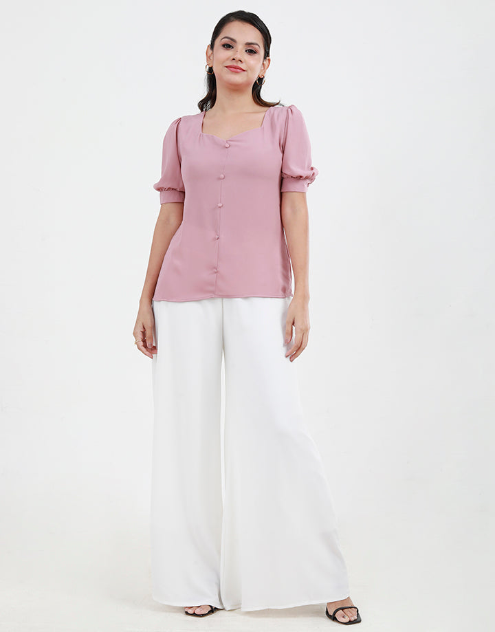 Puffed Sleeves Blouse With Sweetheart Neck Line