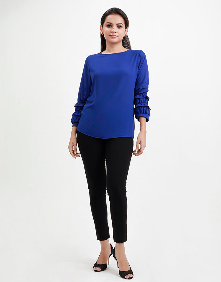 Round Neck Blouse with Frill Detailed Sleeves