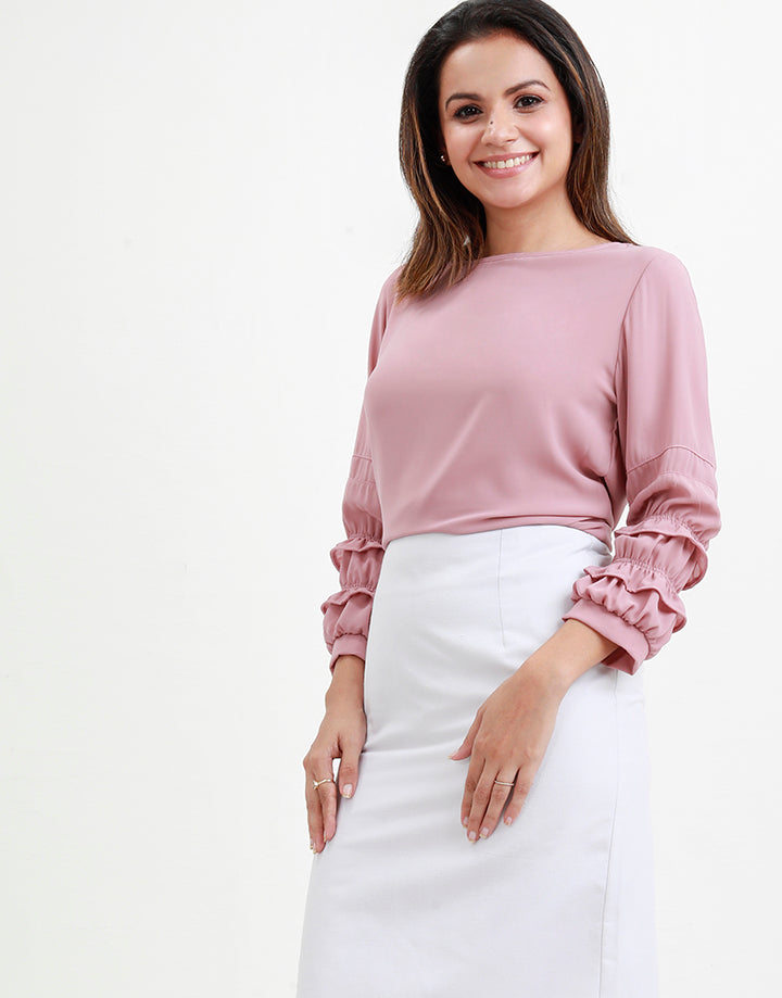 Round Neck Blouse with Frill Detailed Sleeves