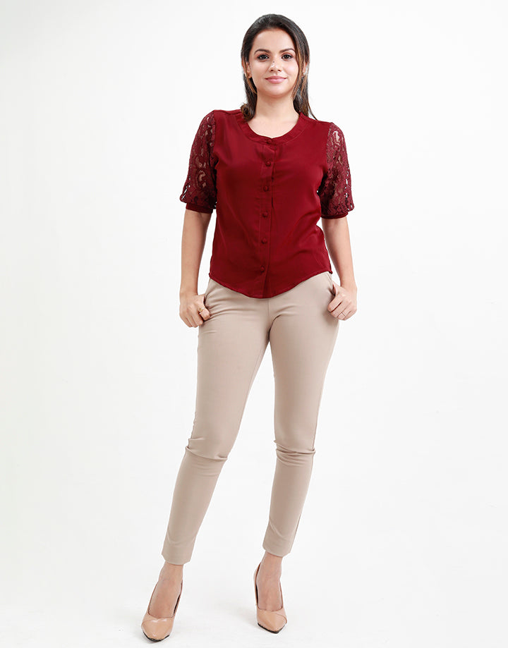 Round Neck Blouse with Lace Sleeves