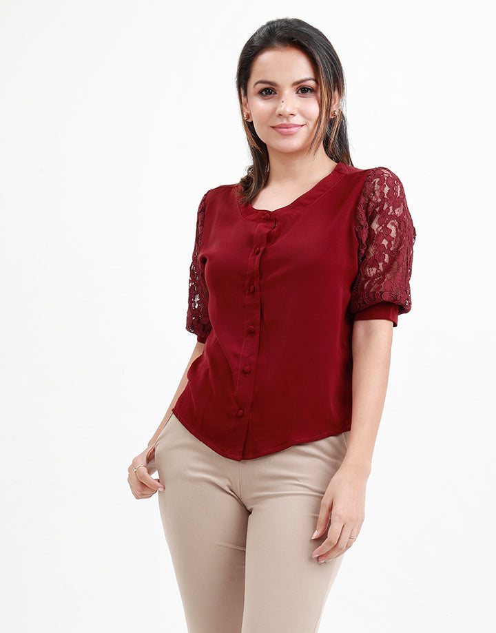 Round Neck Blouse with Lace Sleeves