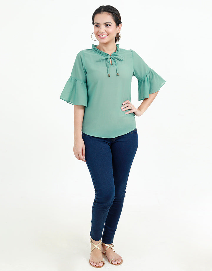 Ruffled Neck Blouse with Flared Sleeves