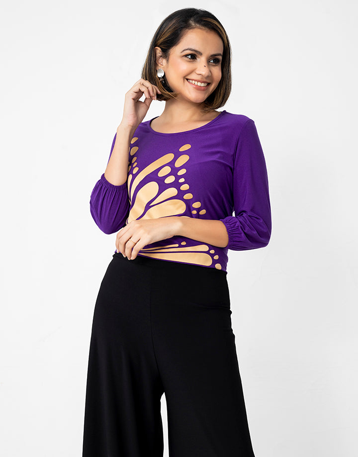 ¾ Sleeves Top with Gold Print Detail
