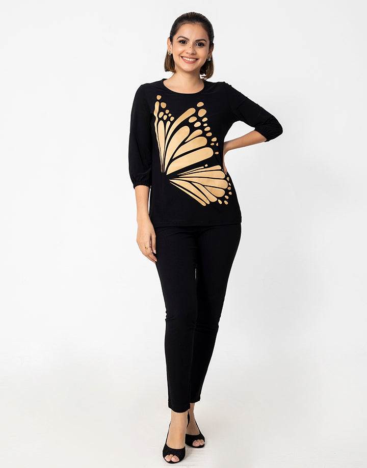 ¾ Sleeves Top with Gold Print Detail
