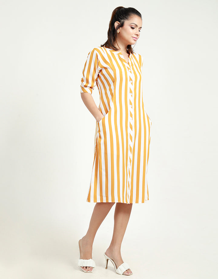 Striped Shirt Dress with Chinese Collar